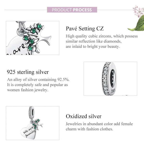 We Are Family Heart Tree Sterling Silver Zircon CZ Bead Charm Bracelet Necklace