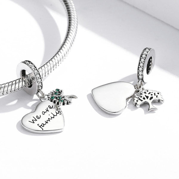 We Are Family Heart Tree Sterling Silver Zircon CZ Bead Charm Bracelet Necklace