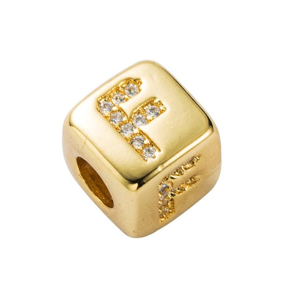 Gold Colour Letter Initial Copper Zircon CZ Bead Charm Bracelet Necklace F