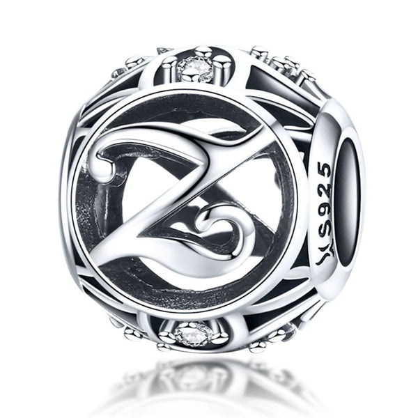Z Initial Letter Sterling Silver Zircon CZ Bead Charm Bracelet Necklace