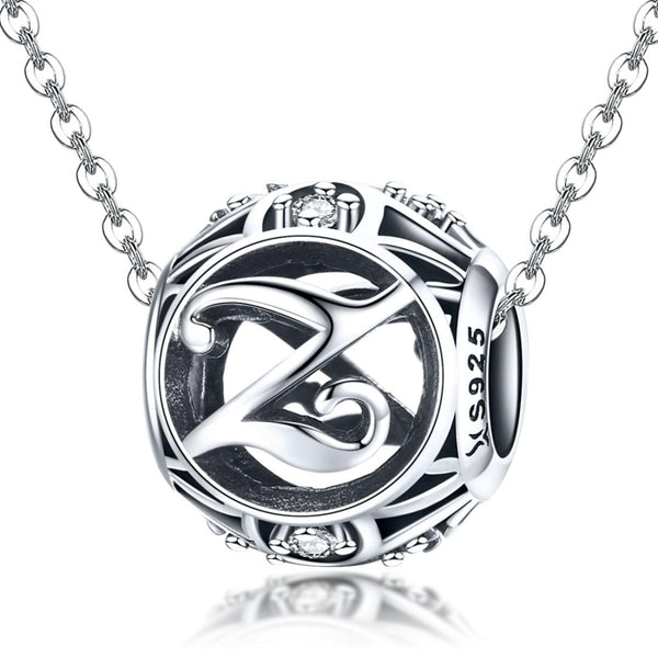 Z Initial Letter Sterling Silver Zircon CZ Bead Charm Bracelet Necklace