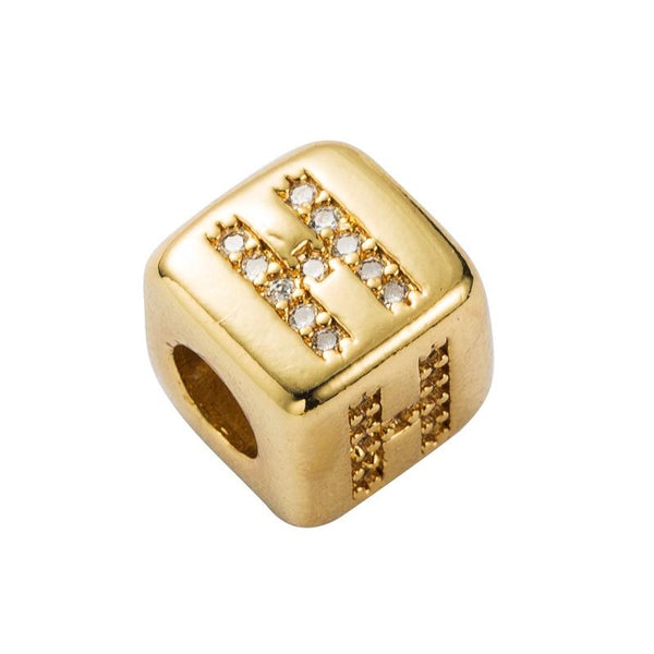 Gold Colour Letter Initial Copper Zircon CZ Bead Charm Bracelet Necklace H