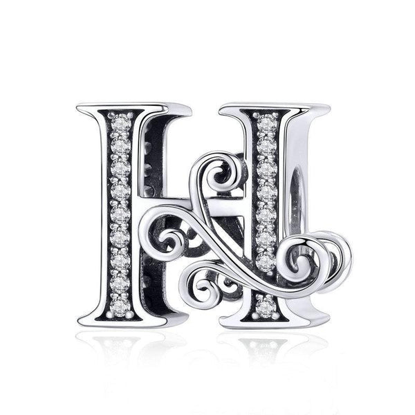 Initial Letter Gothic Victorian Sterling Silver Zircon CZ Bead Charm Bracelet H