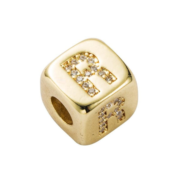Gold Colour Letter Initial Copper Zircon CZ Bead Charm Bracelet Necklace R
