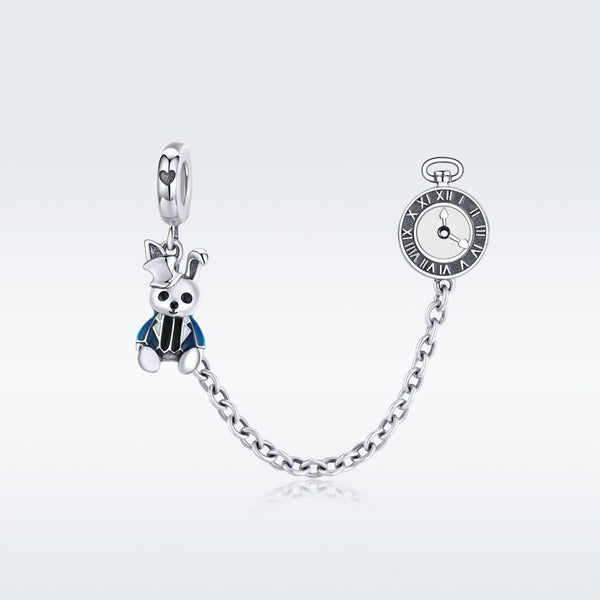 White Rabbit Watch Enamel Sterling Silver Safety Chain For Bracelet