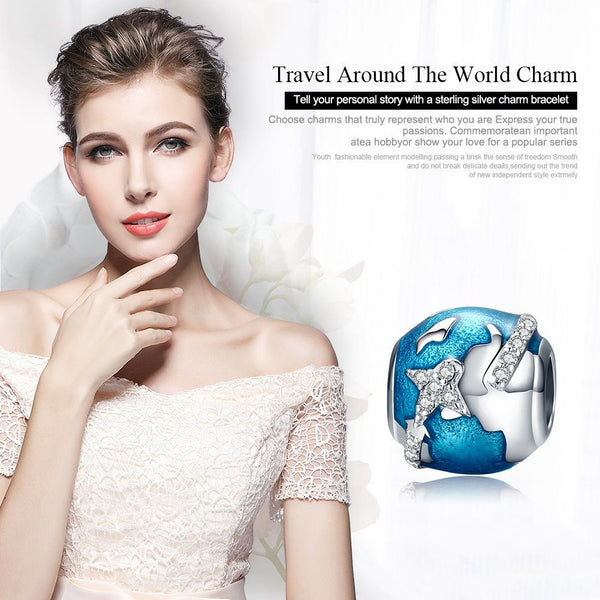 World Travel Aeroplane Enamel Sterling Silver Bead Charm Bracelet Necklace