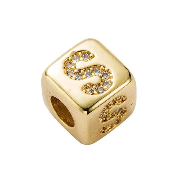 Gold Colour Letter Initial Copper Zircon CZ Bead Charm Bracelet Necklace S