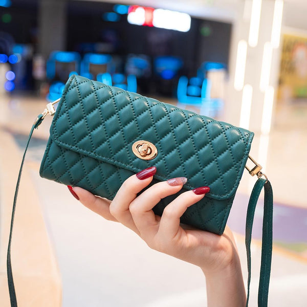 Faux PU Leather Quilted Crossbody Shoulder Clutch Bag Mobile Green