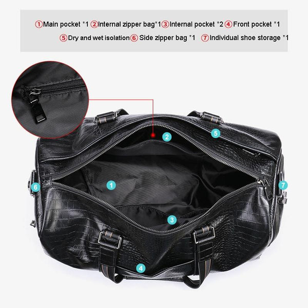 Genuine Leather Crocodile Print Duffel Travel Bag Wet Shoe Pocket Shoulder Strap Black