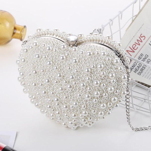 Beaded Faux Pearl Heart Shape Wedding Evening Clutch Shoulder Bag Chain White