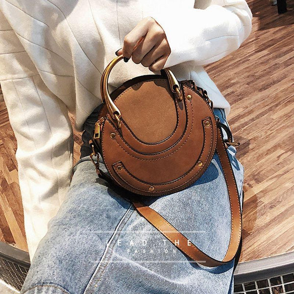 Retro Look Circular Shape PU Leather Mini Shoulder Bag Handbag Brown