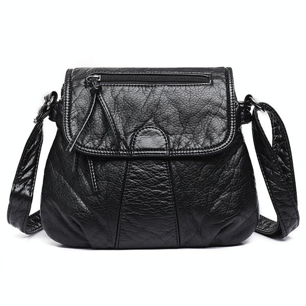 Washed Look Faux PU Leather Messenger Style Bag Handbag Multi Pocket Black