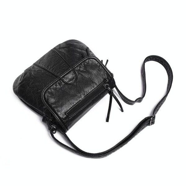 Washed Look Faux PU Leather Messenger Style Bag Handbag Multi Pocket Black