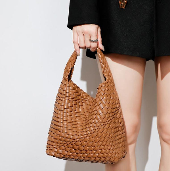 Woven Mini PU Leather Crossbody Shoulder Clutch Bag Handbag Set Brown