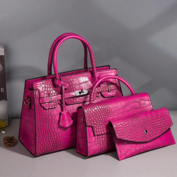 3 Pce Faux PU Crocodile Crossbody Shoulder Tote Purse Bag Set Rose Red