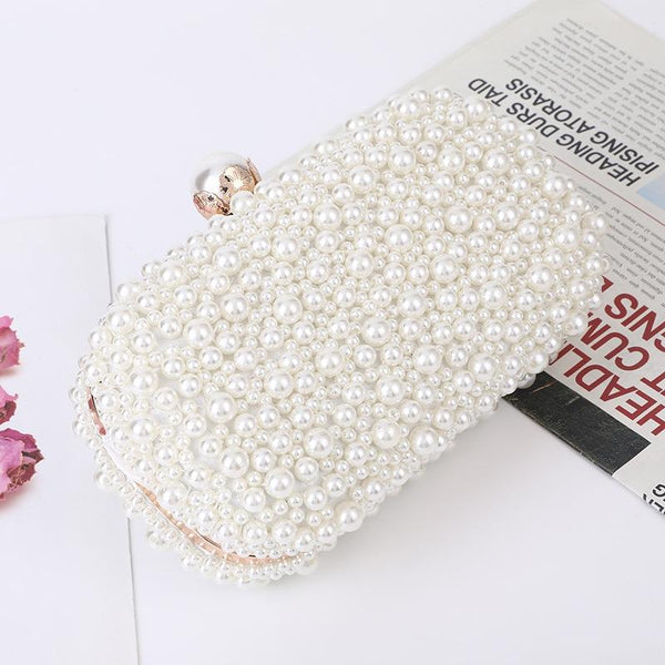 Satin Beaded Faux Pearl Wedding Evening Clutch Crossbody Bag Ivory Cream