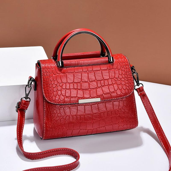 Faux Crocodile PU Leather Shoulder Bag Handbag Multi Pocket Flap Top Red Wine
