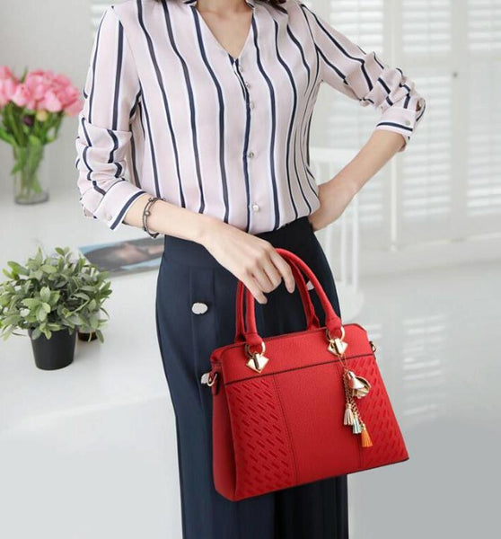 Embroidered Faux PU Leather Shoulder Crossbody Bag Tassel Charm Dark Blue