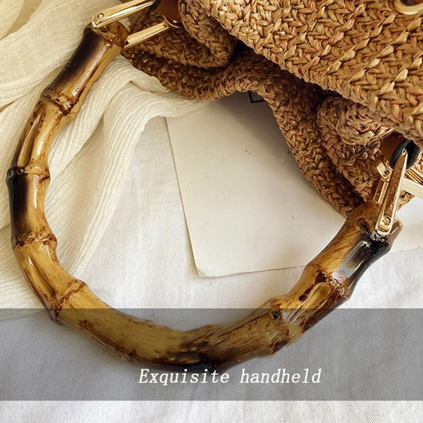 Handwoven Bucket Shoulder Strap Bag Handbag Bamboo Handle Khaki