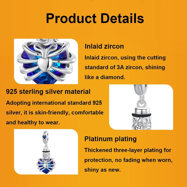 Memorial Heart Urn Ashes Sterling Silver Zircon CZ Bead Charm Bracelet Necklace