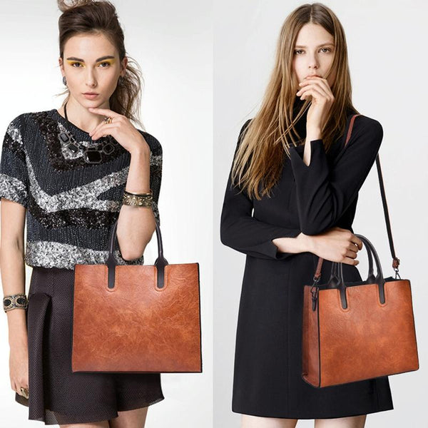 Classic Faux PU Leather Square Tote Bag Handbag Shoulder Strap Black