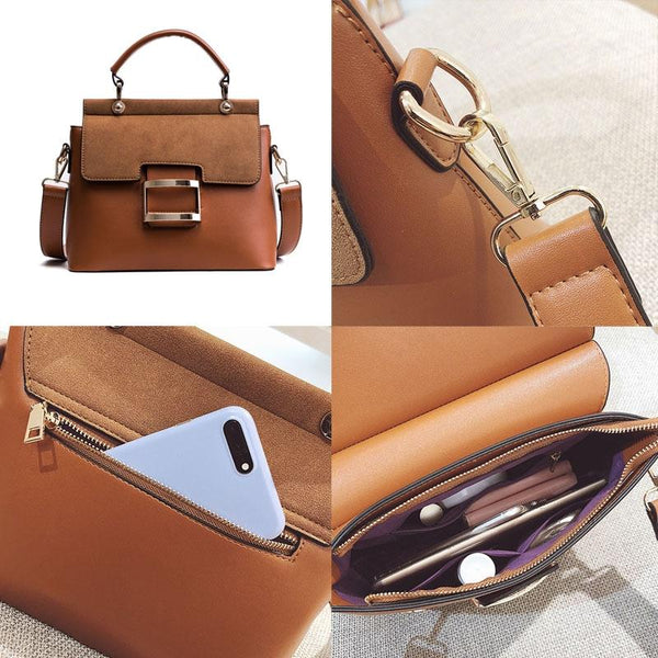 Faux Leather Suede Crossbody Tote Bag Adjustable Strap Multi Pocket Brown