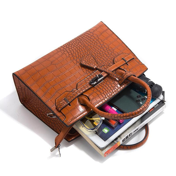 3 Pce Faux PU Crocodile Crossbody Shoulder Tote Purse Bag Set Brown