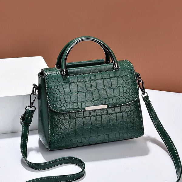 Faux Crocodile PU Leather Shoulder Bag Handbag Multi Pocket Flap Top Green