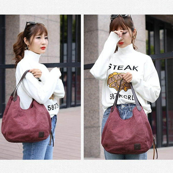 1 x Womens Casual Canvas Bucket Tote Shoulder Bag Multi Pocket Purple