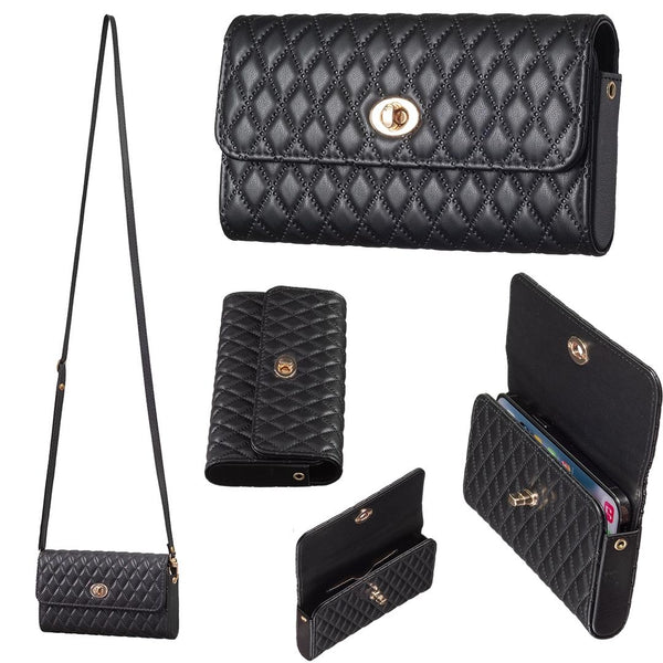 Faux PU Leather Quilted Crossbody Shoulder Clutch Bag Mobile Black