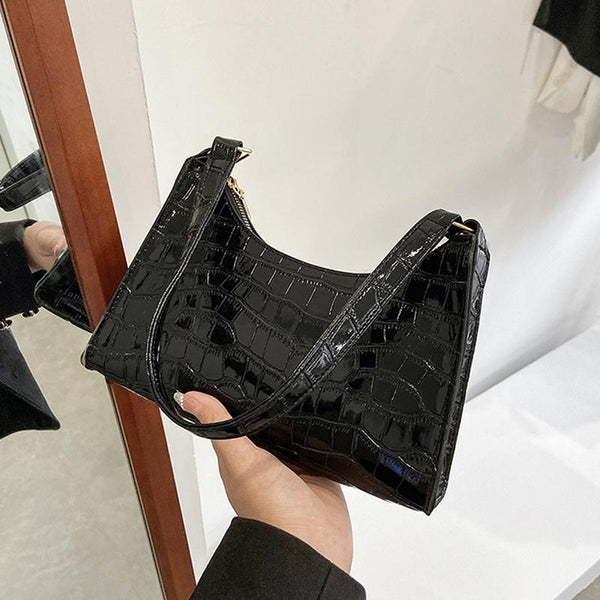 Small Square Stone Pattern PU Leather Underarm Shoulder Bag Handbag Black
