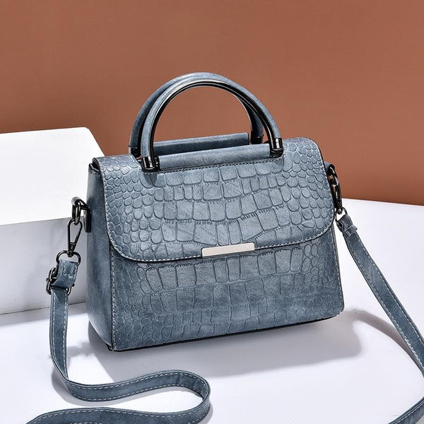 Faux Crocodile PU Leather Shoulder Bag Handbag Multi Pocket Flap Top Blue