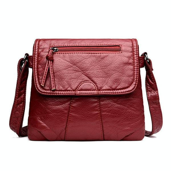 Washed Look Faux PU Leather Messenger Style Bag Handbag Multi Pocket Red