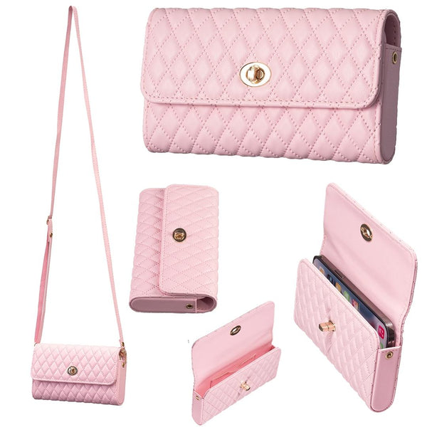 Faux PU Leather Quilted Crossbody Shoulder Clutch Bag Mobile Pink