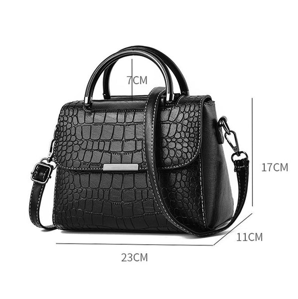 Faux Crocodile PU Leather Shoulder Bag Handbag Multi Pocket Flap Top Black