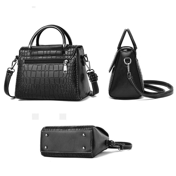 Faux Crocodile PU Leather Shoulder Bag Handbag Multi Pocket Flap Top Black