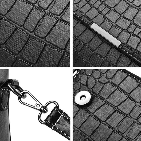 Faux Crocodile PU Leather Shoulder Bag Handbag Multi Pocket Flap Top Black