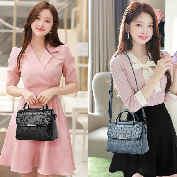 Faux Crocodile PU Leather Shoulder Bag Handbag Multi Pocket Flap Top Black