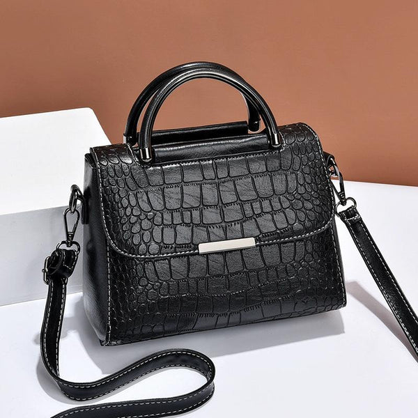 Faux Crocodile PU Leather Shoulder Bag Handbag Multi Pocket Flap Top Black