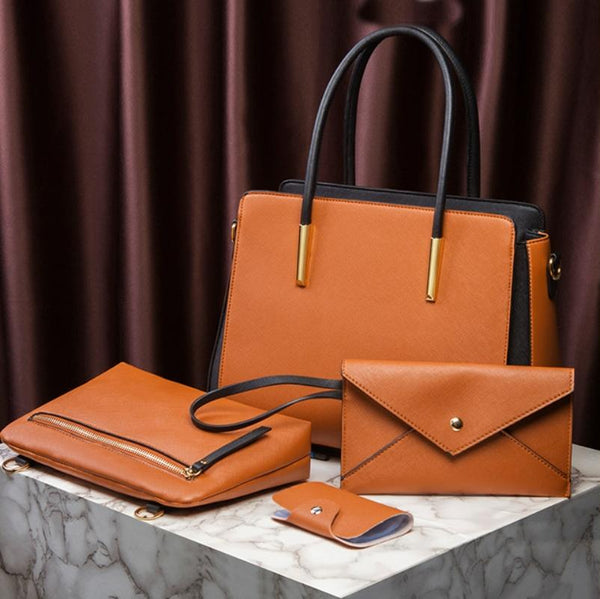 4 Pce Faux PU Leather Tote Shoulder Pouch Clutch Bag Handbag Card Holder Brown