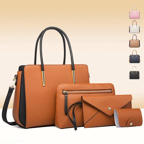 4 Pce Faux PU Leather Tote Shoulder Pouch Clutch Bag Handbag Card Holder Brown