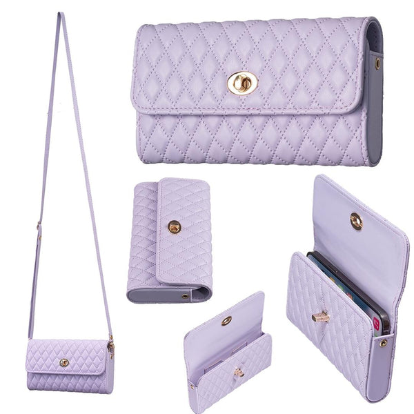 Faux PU Leather Quilted Crossbody Shoulder Clutch Bag Mobile Purple