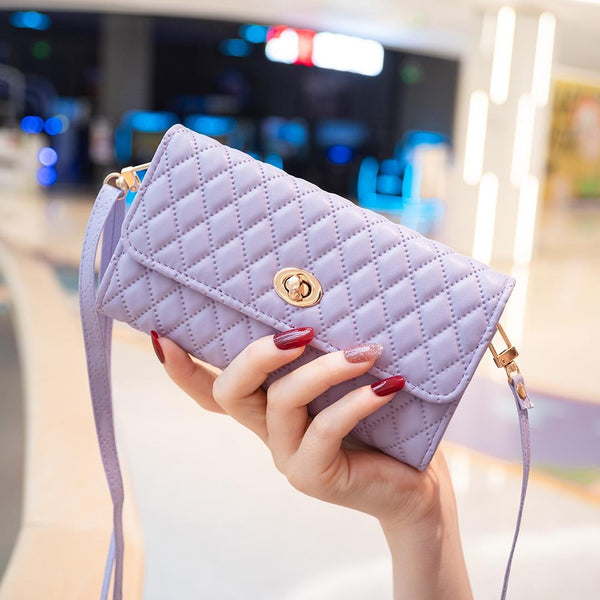 Faux PU Leather Quilted Crossbody Shoulder Clutch Bag Mobile Purple