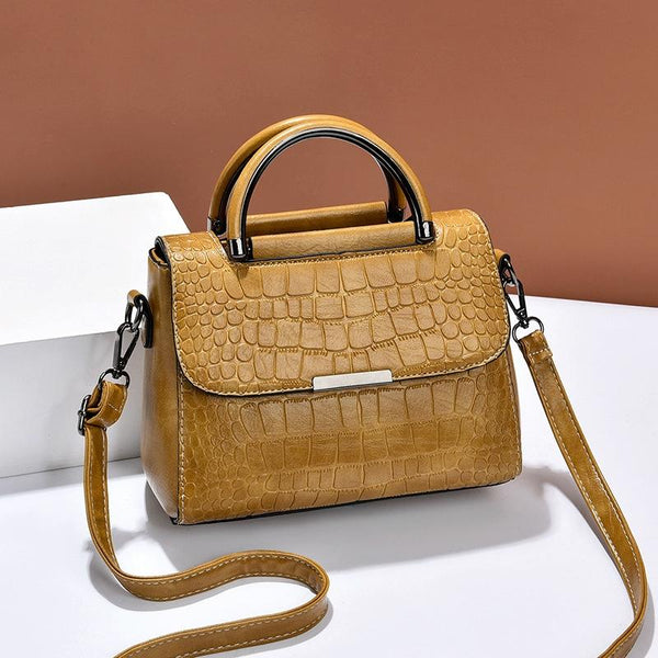 Faux Crocodile PU Leather Shoulder Bag Handbag Multi Pocket Flap Top Turmeric