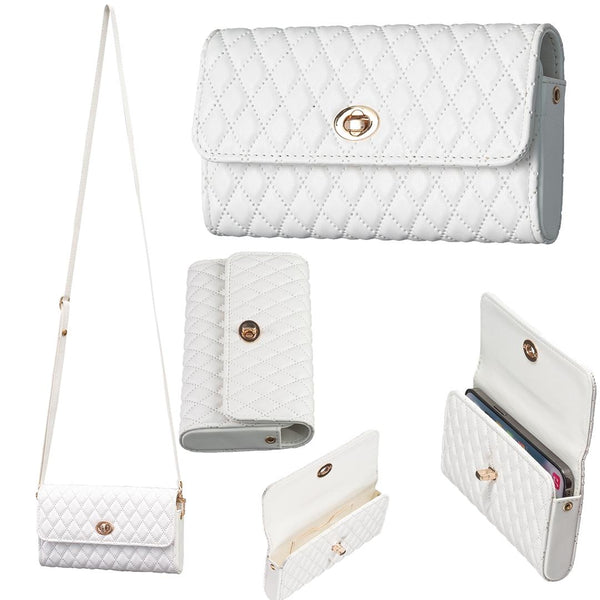 Faux PU Leather Quilted Crossbody Shoulder Clutch Bag Mobile White