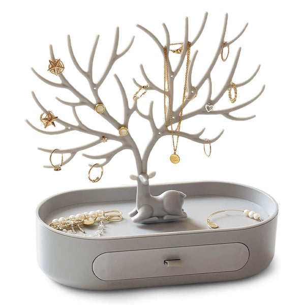 Deer Antler Tree Jewellery Display Stand Ring Earring Necklace Bracelet Grey Drawer