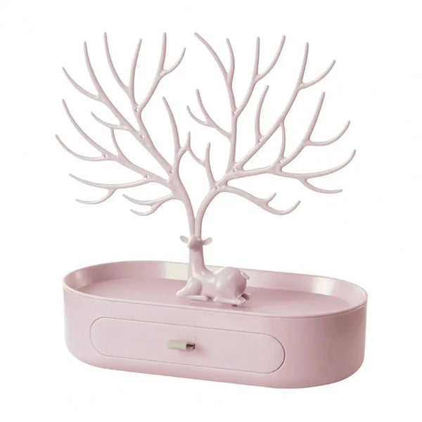 Deer Antler Tree Jewellery Display Stand Ring Earring Necklace Bracelet Pink Drawer
