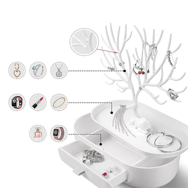 Deer Antler Tree Jewellery Display Stand Ring Earring Necklace Bracelet White Drawer