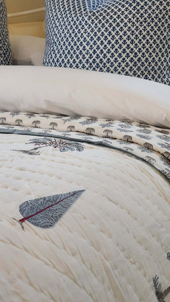 Kolka Palm Pine Cotton Reversible Comforter Bedspread Coverlet Blue King Size