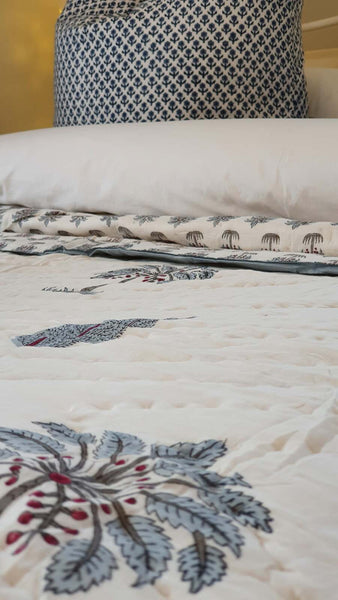 Kolka Palm Pine Cotton Reversible Comforter Bedspread Coverlet Blue King Size